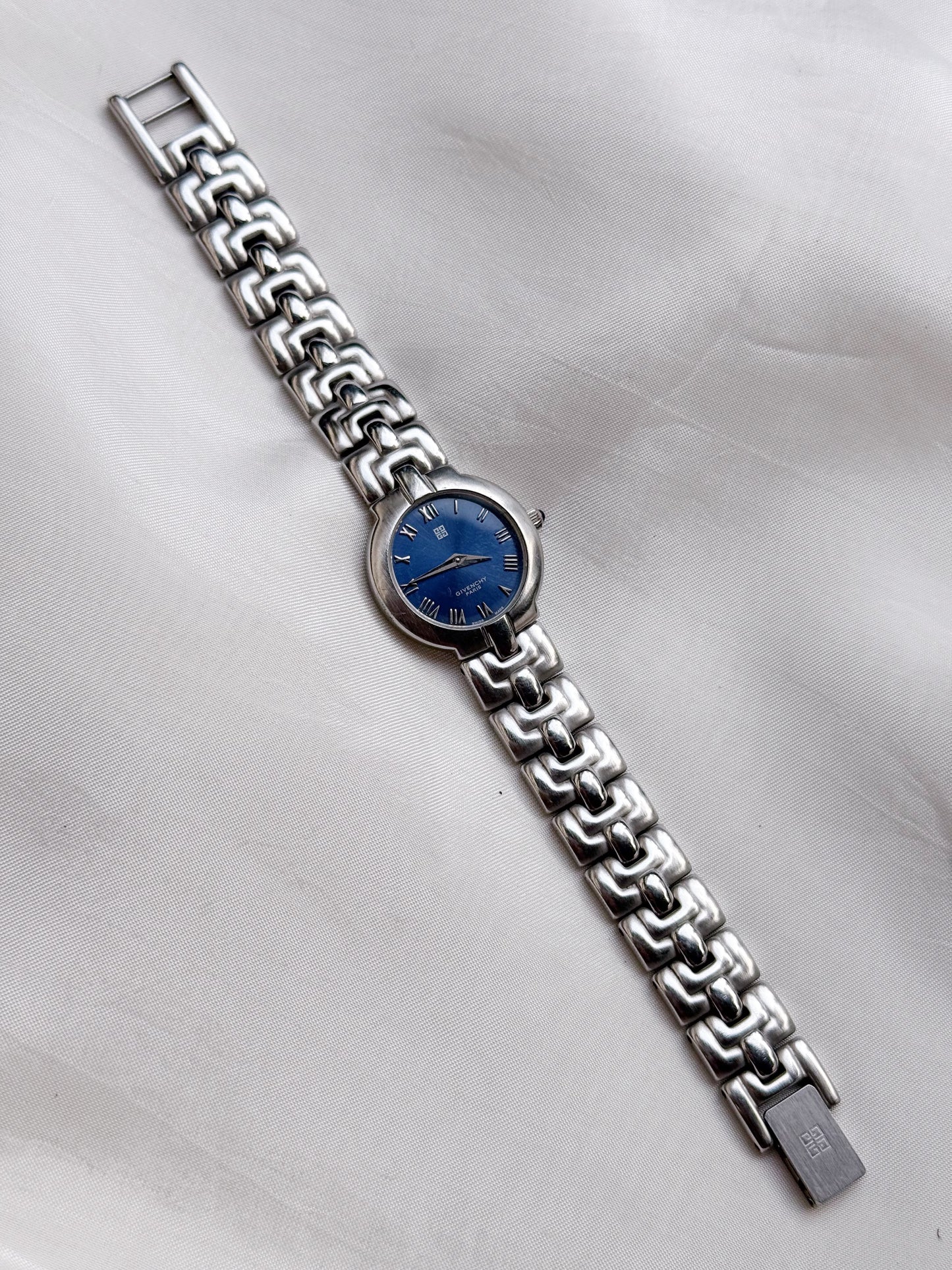 Vintage Givenchy Silver Watch with blue face