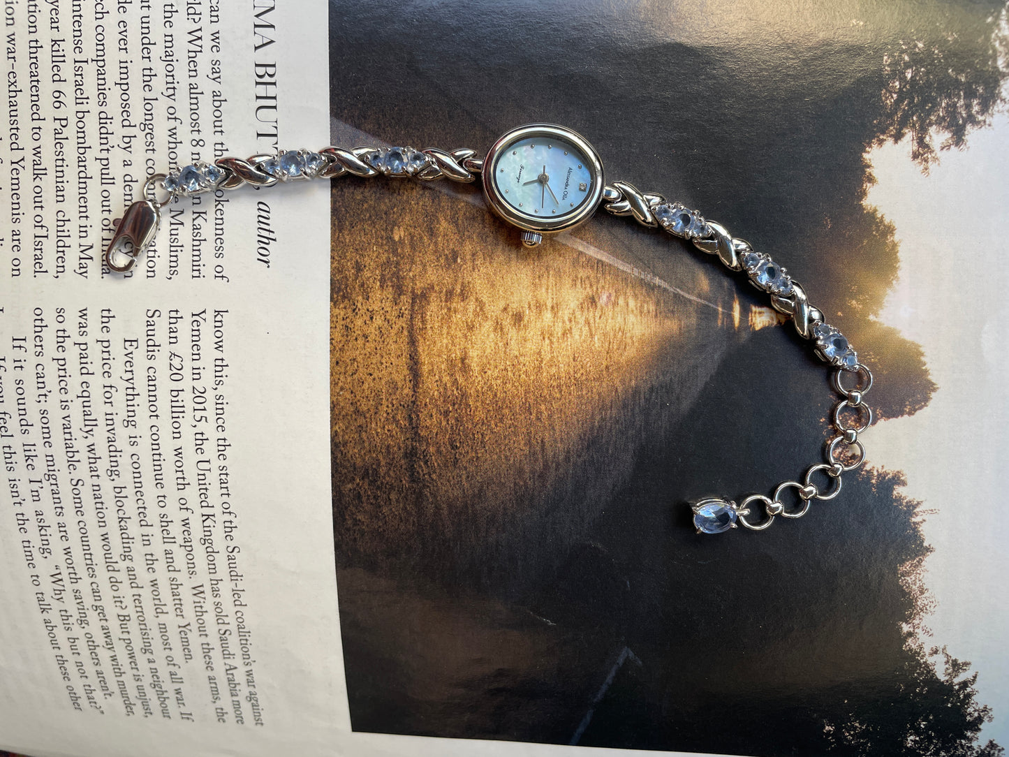 Vintage Dainty white stones watch for women