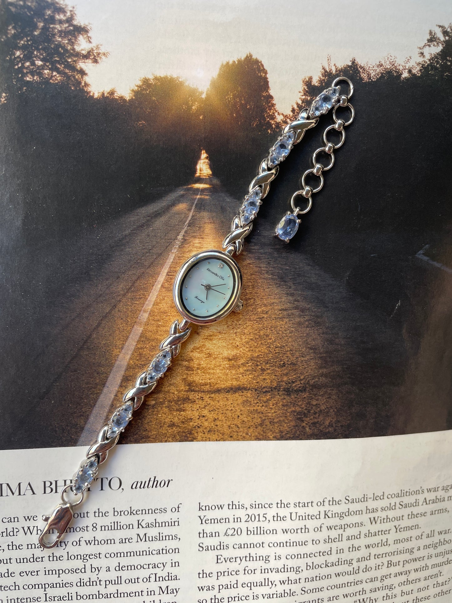 Vintage Dainty white stones watch for women