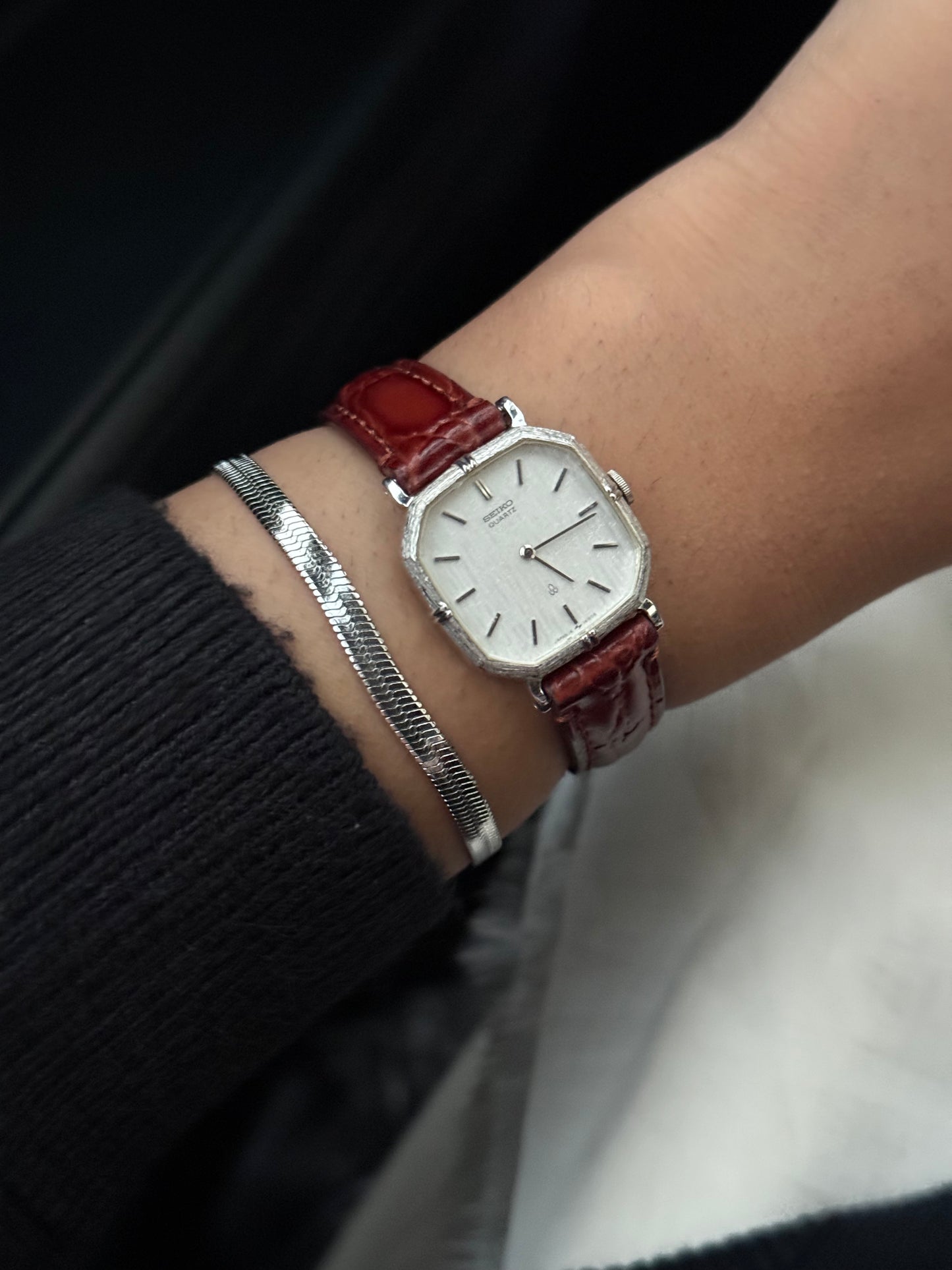 Seiko Rare Silver Tank Leather strap watch