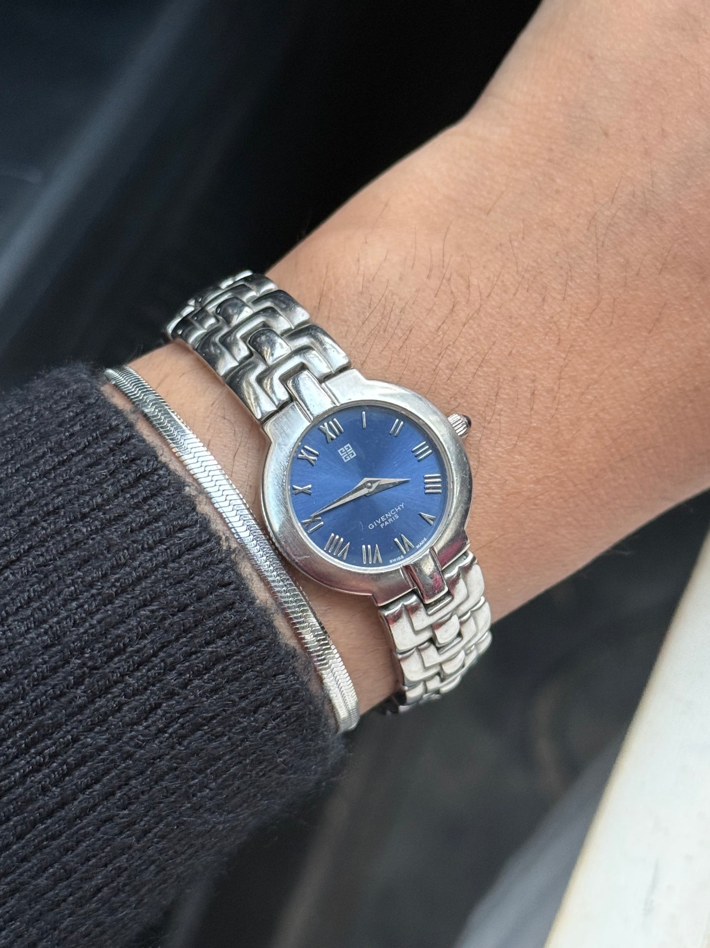 Vintage Givenchy Silver Watch with blue face