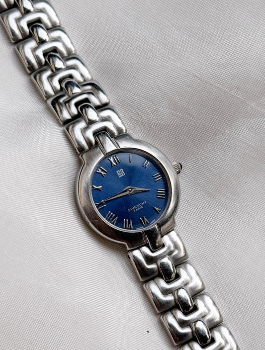 Vintage Givenchy Silver Watch with blue face