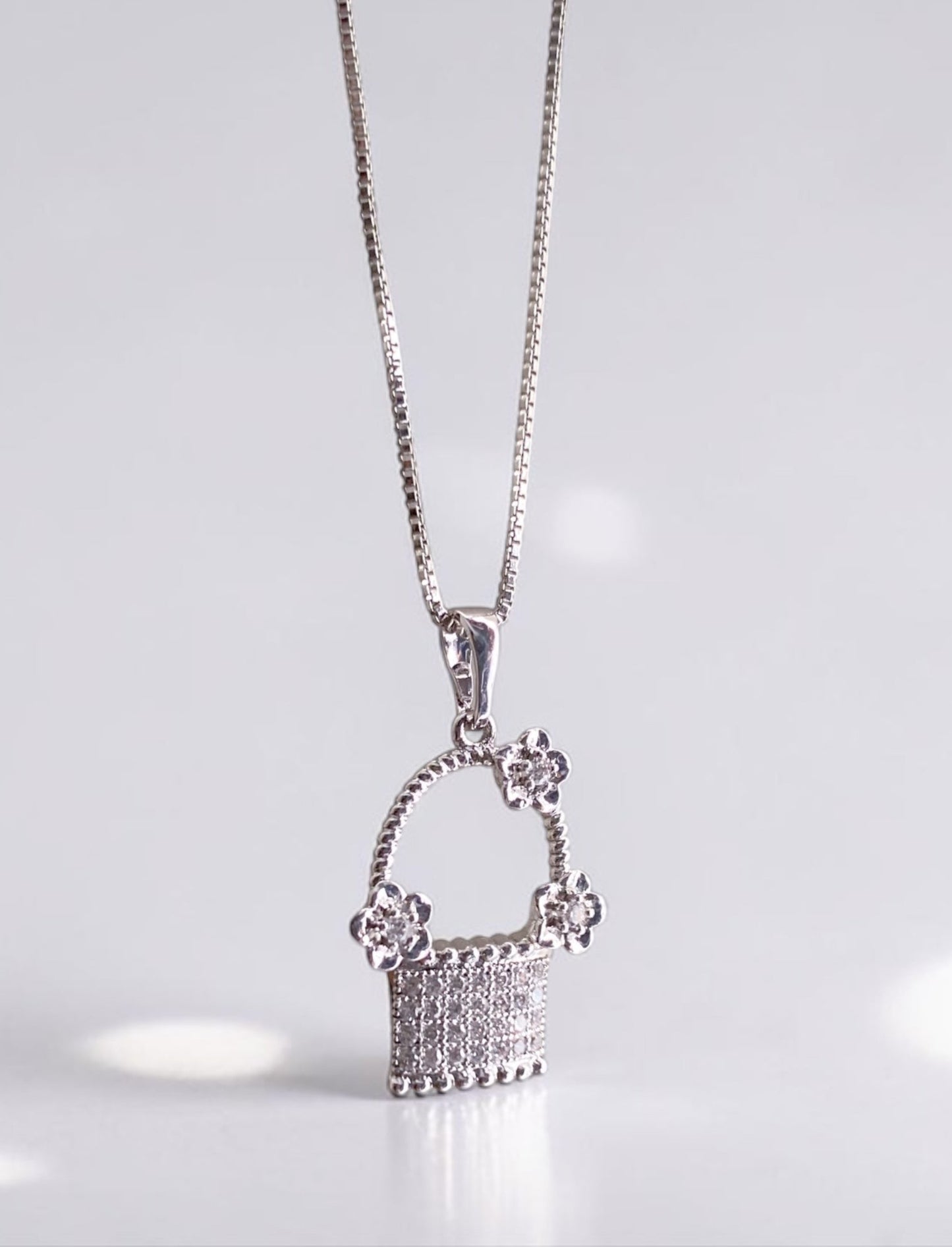Flower Bucket Pendant Silver Necklace