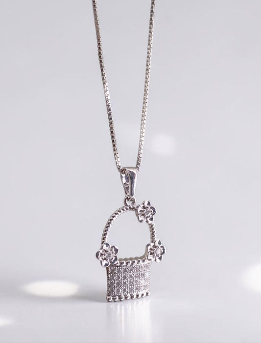 Flower Bucket Pendant Silver Necklace