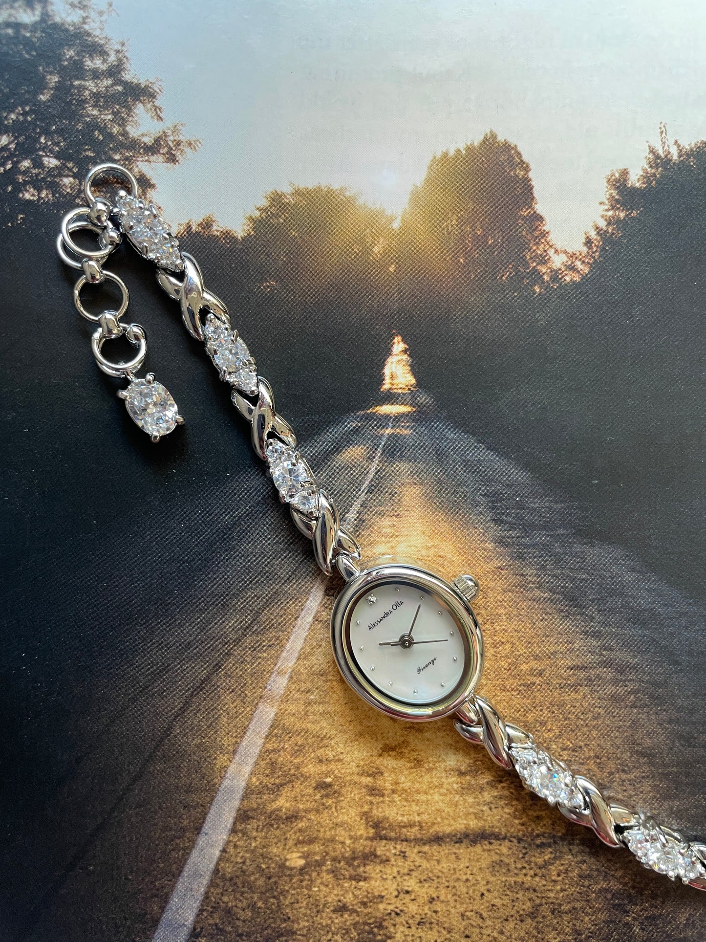 Vintage Dainty white stones watch for women