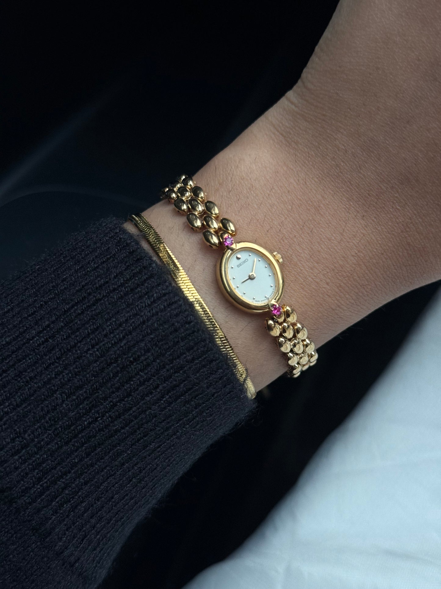 Ultra Rare Seiko Petite Dial Gold plated bracelet watch for women; Diamond accents & Rice bracelet