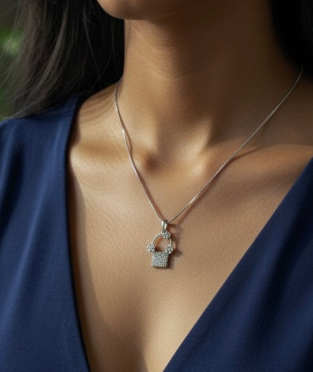 Flower Bucket Pendant Silver Necklace