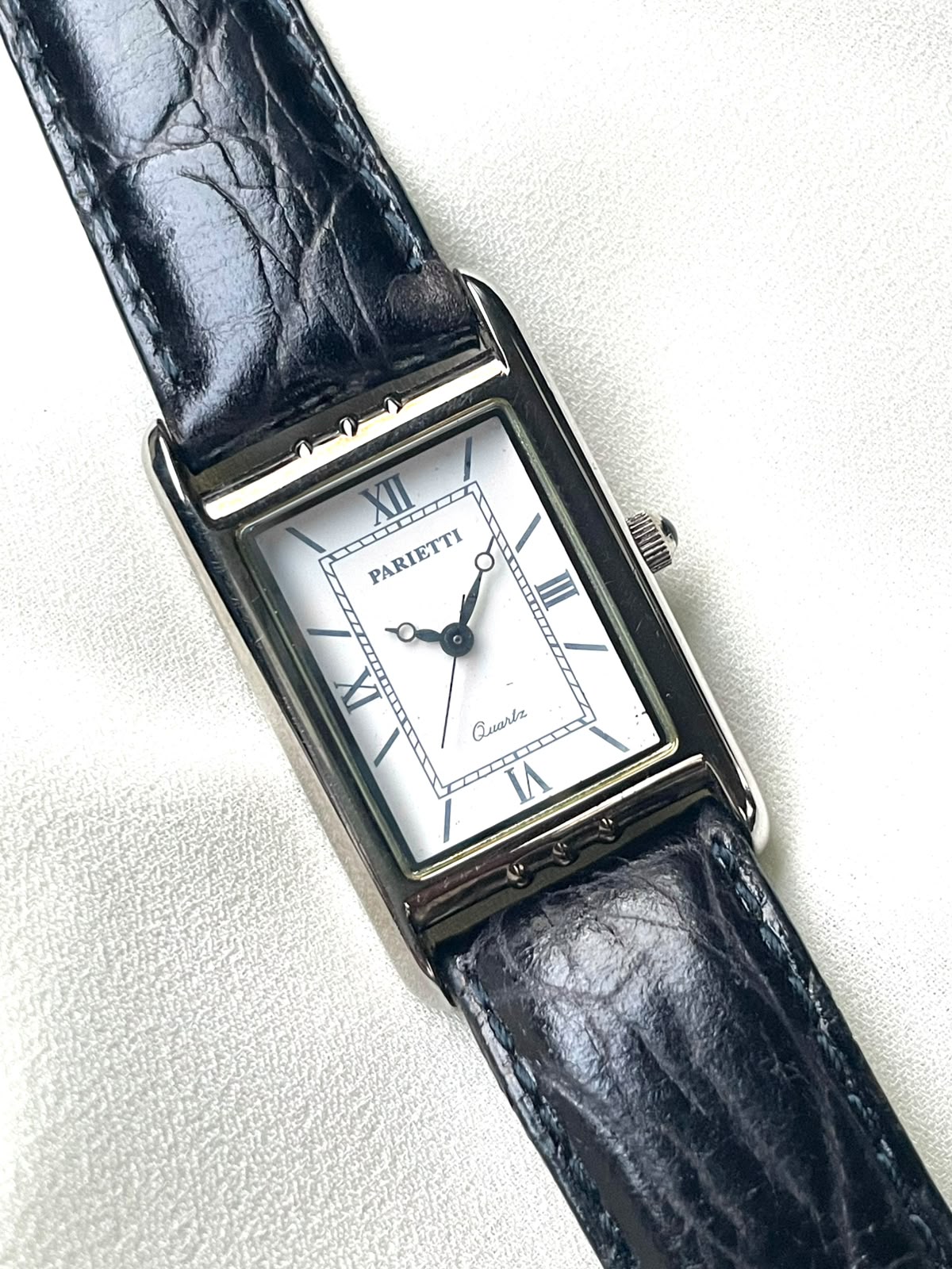 Vintage Parietti quartz tank-style Silver plated quartz watch.
